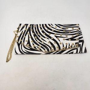 Ted Rossi Zebra Print Soft Leather Fold Over Clutch Gold Leather Lining Studs